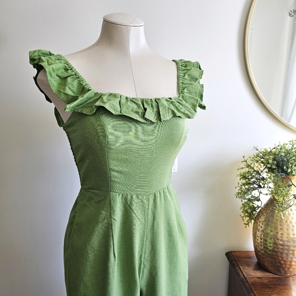 NWT Nordstrom Japna Cotton Linen Blend Frilled Square Neck Green Jumpsuit Size S - Picture 7 of 16